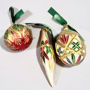 Waterford Red, Gold and Green Holiday Mercury Glass 3-Piece Ornament Set